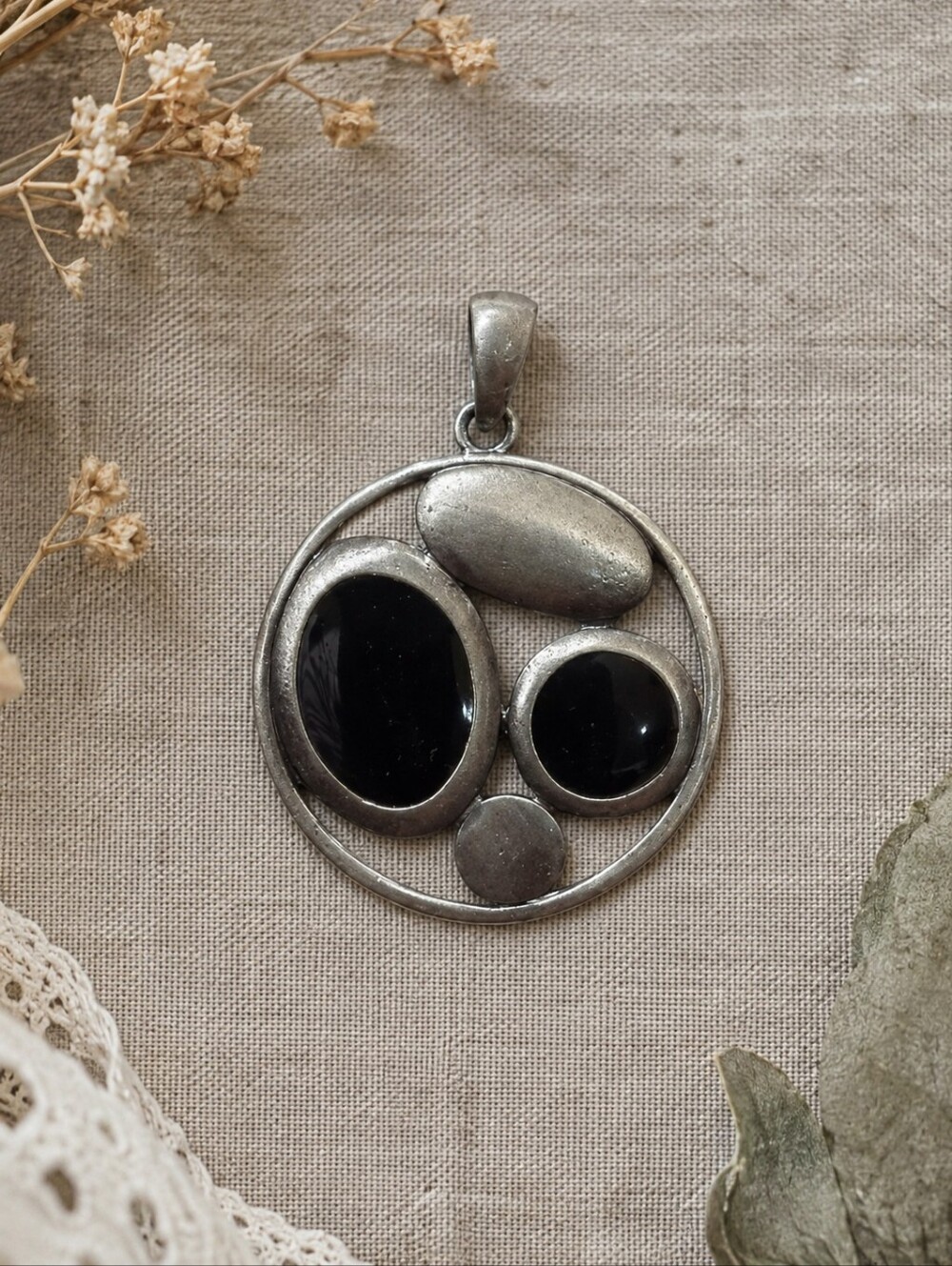 Silver & Black Stone Circle Pendant  Modern Minimalist Statement Charm